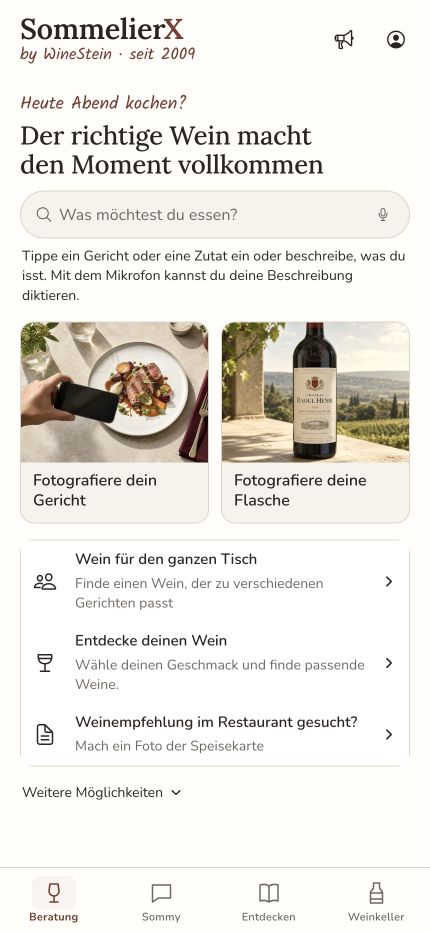 Beratungsstart der SommelierX-Webapp mit Beratung, Sommy, Entdecken und Weinkeller