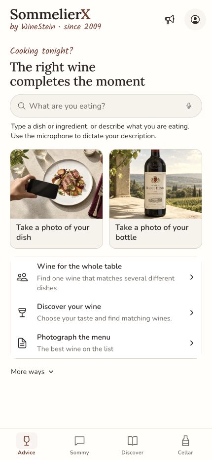 SommelierX web app Advice start with Advice, Sommy, Discover and Cellar