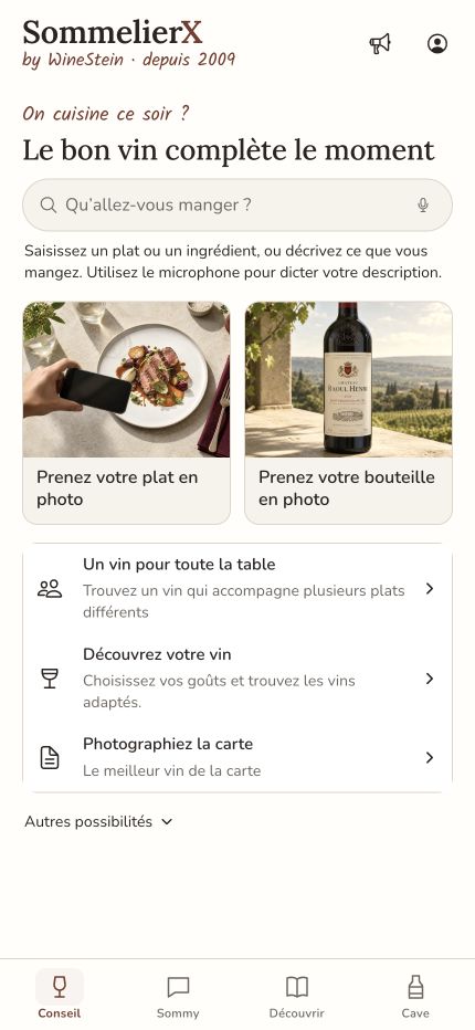 Accueil Conseil de la webapp SommelierX avec Conseil, Sommy, Découvrir et Cave