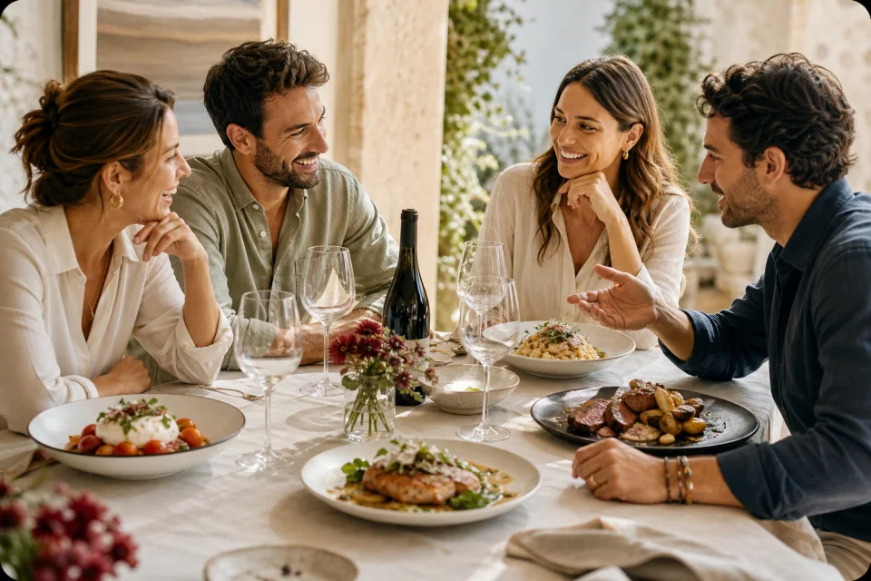Freunde genießen gemeinsam Wein am Tisch