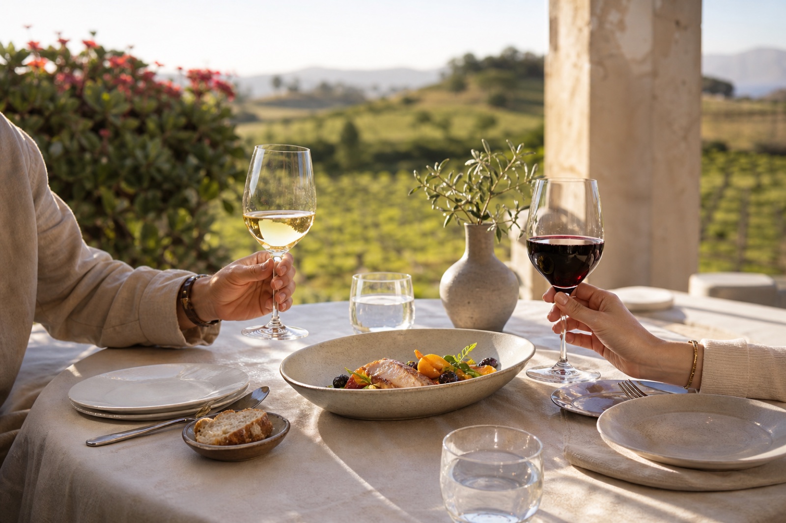 Ein heller, stimmungsvoller Tisch mit Wein