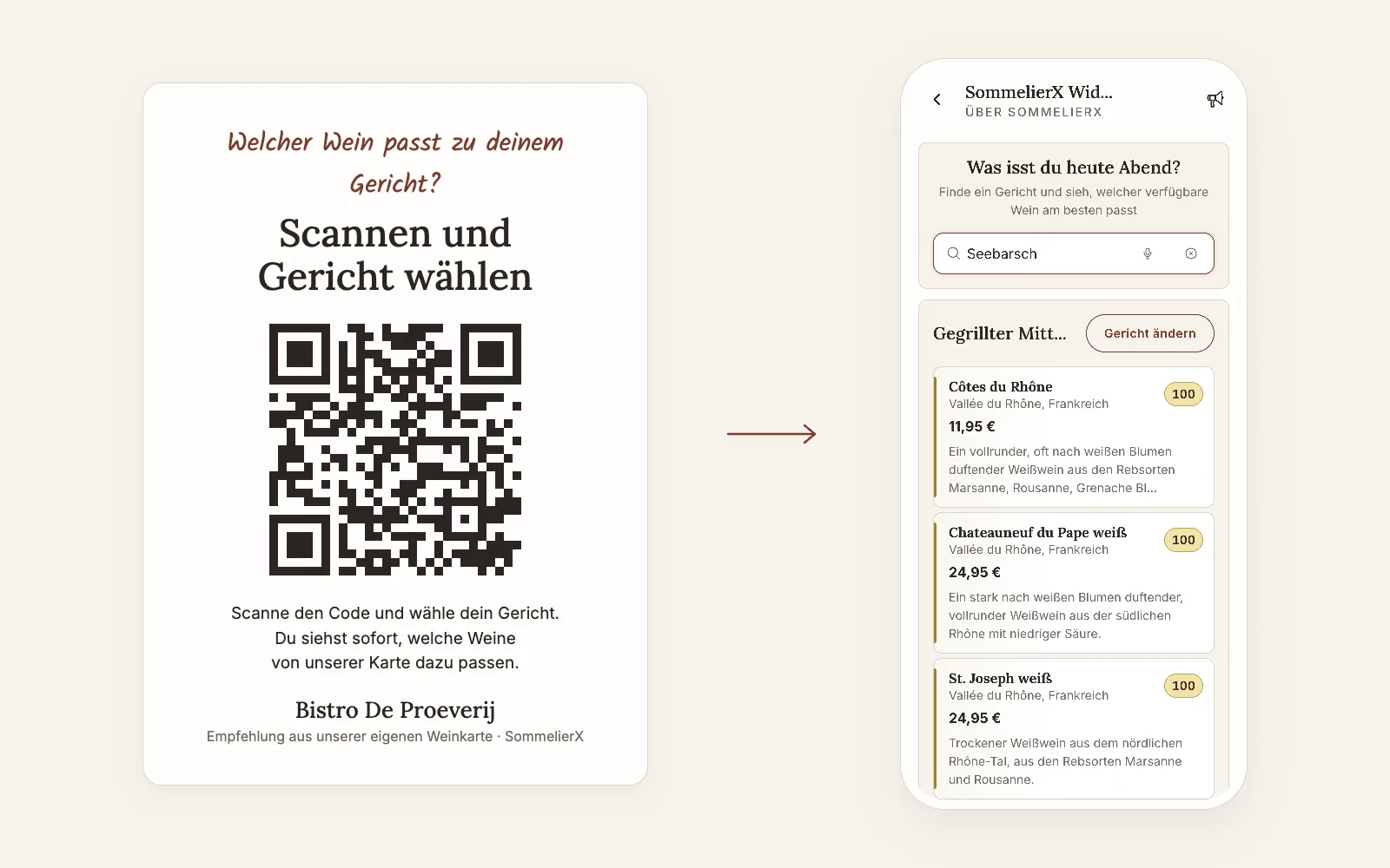 Tafelkaartje met QR-code naast een telefoon met wijnadvies voor gegrilde zeebaars