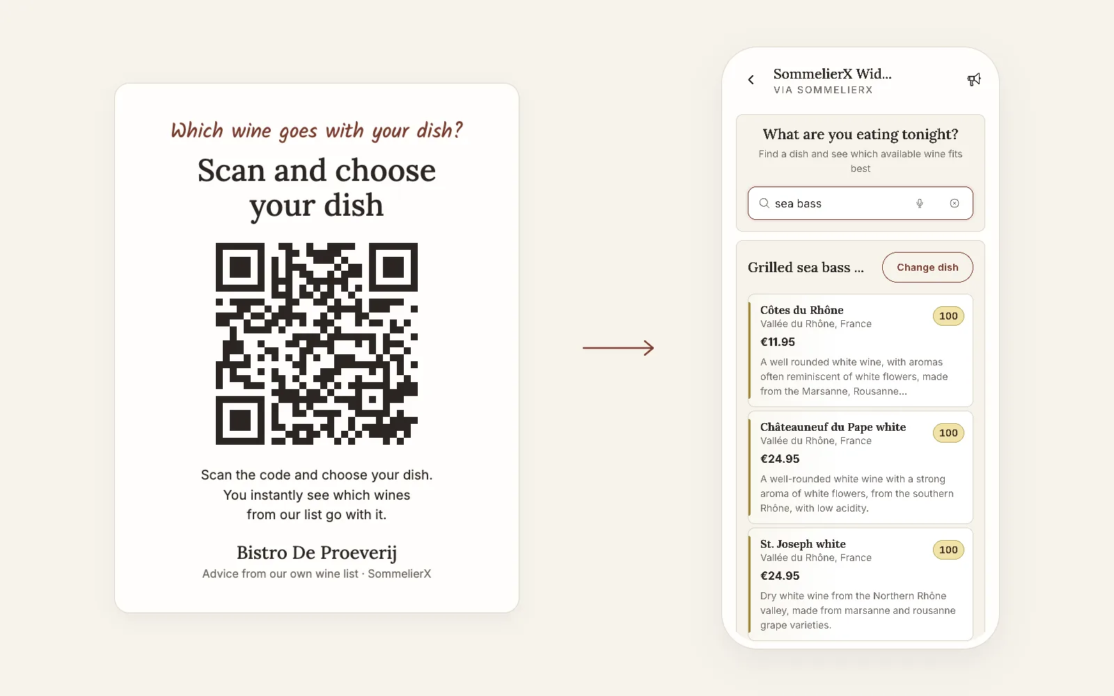 Tafelkaartje met QR-code naast een telefoon met wijnadvies voor gegrilde zeebaars