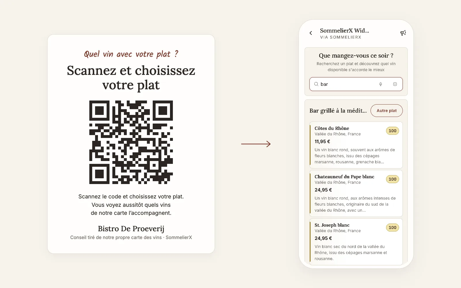 Tafelkaartje met QR-code naast een telefoon met wijnadvies voor gegrilde zeebaars