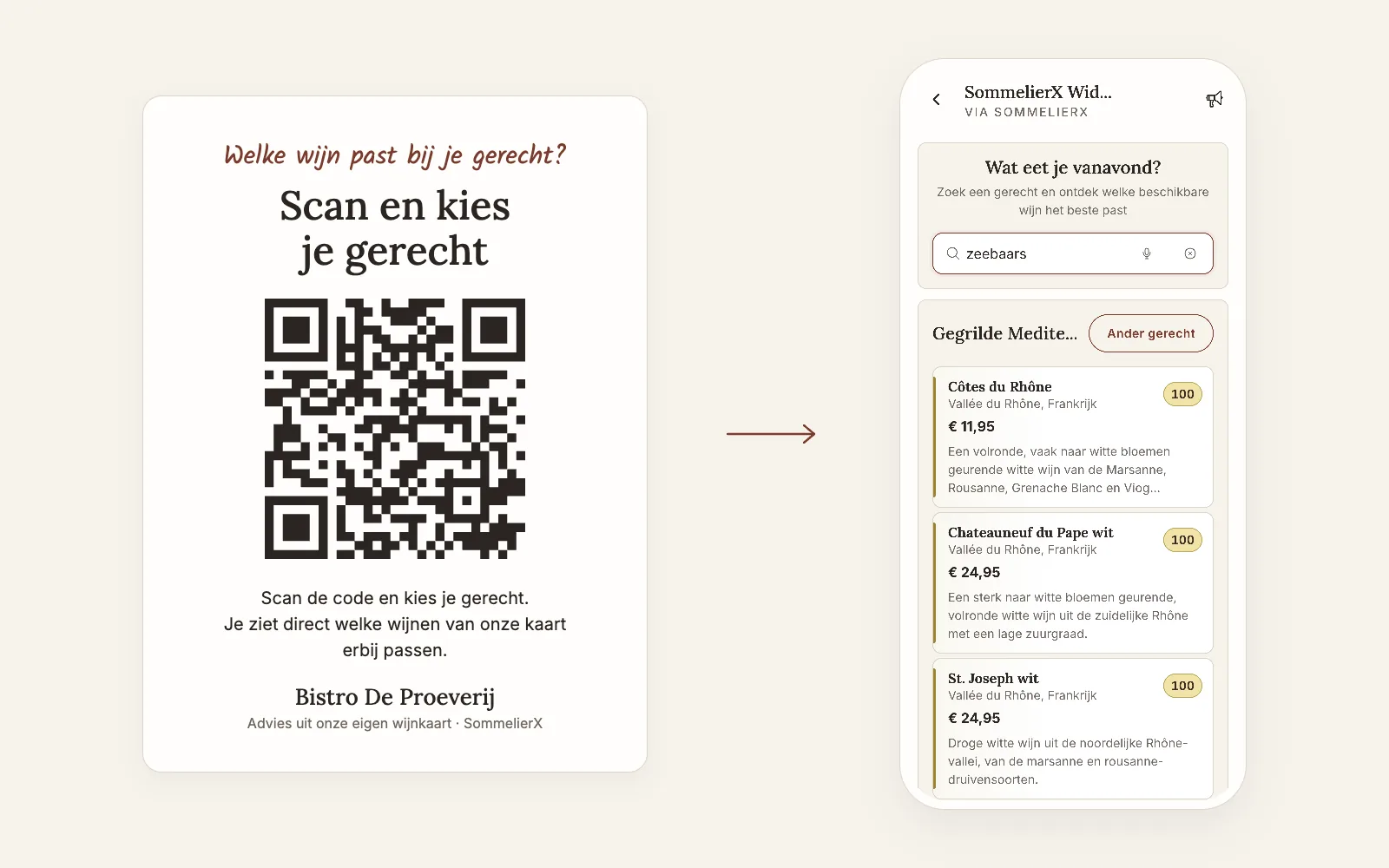 Tafelkaartje met QR-code naast een telefoon met wijnadvies voor gegrilde zeebaars