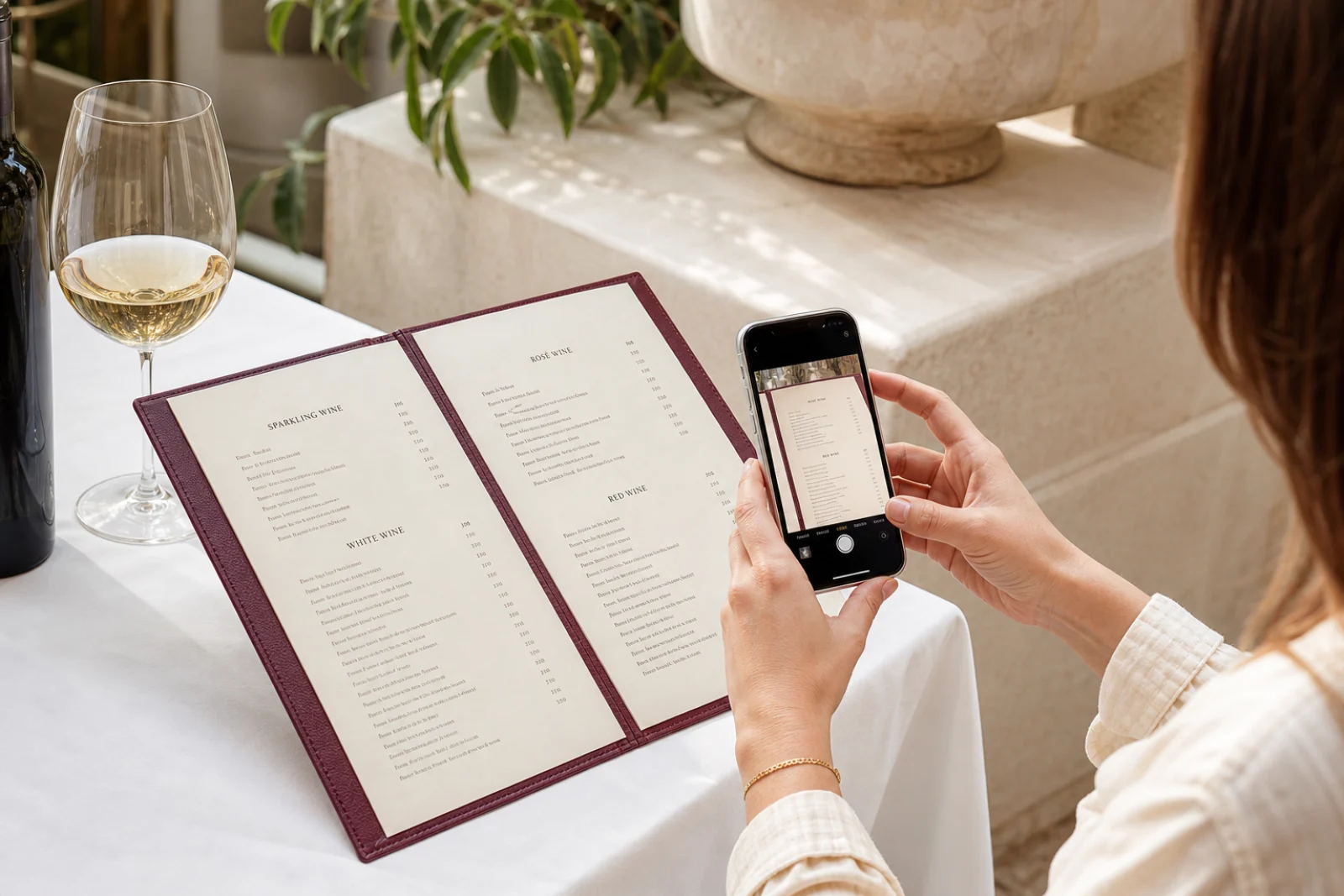Ein Sommelier studiert eine Weinkarte in einem hellen Restaurant