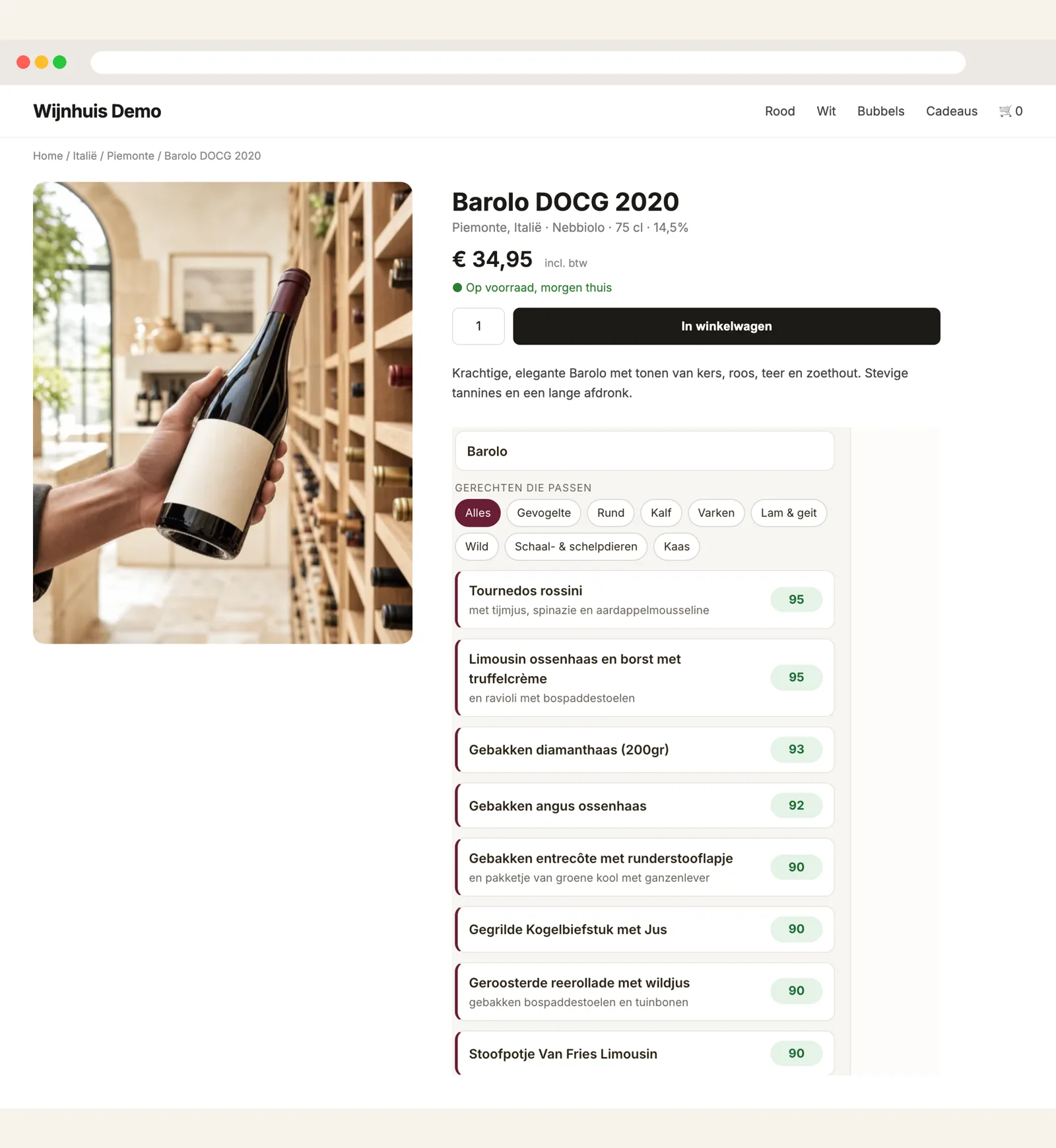 Productpagina van een wijnwebshop met de SommelierX-widget die passende gerechten bij een Barolo toont